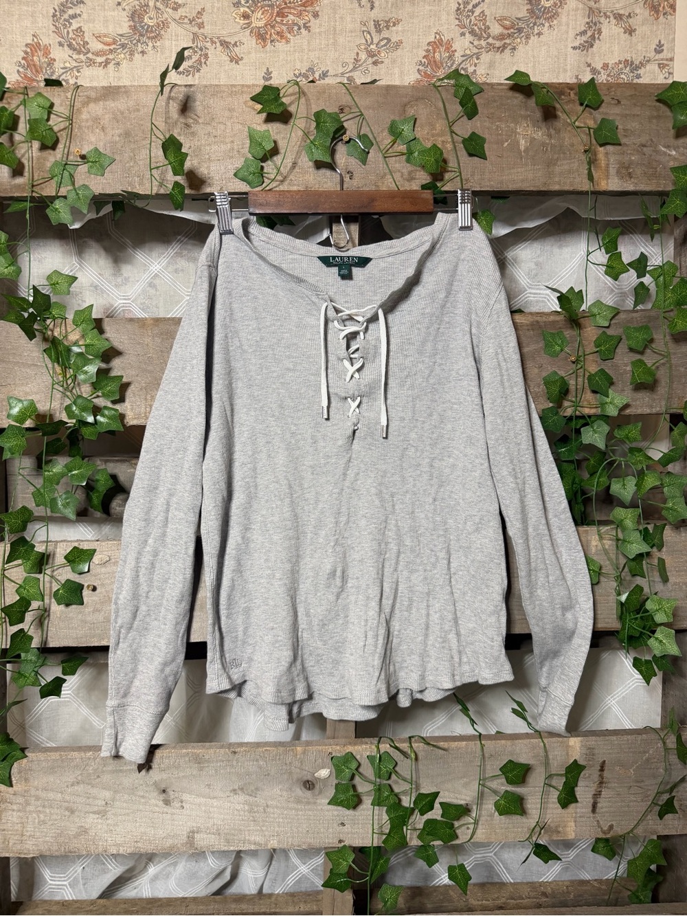 Lauren Ralph Lauren Heather Gray Lace-Up Knit Pullover